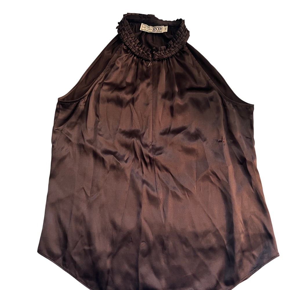 Go by Go Silk Perfectly Pleaded Neck Espresso Brown Sleeveless Blouse SZ XS‎